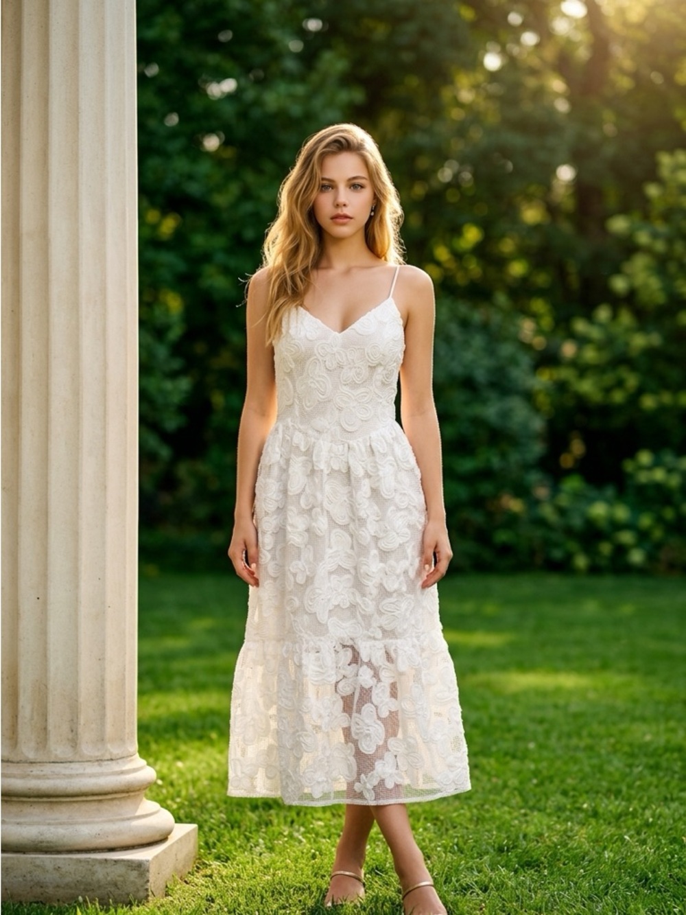 Just Me cream ivory boho princess midi dress spaghetti straps size small new - Picture 3 of 14